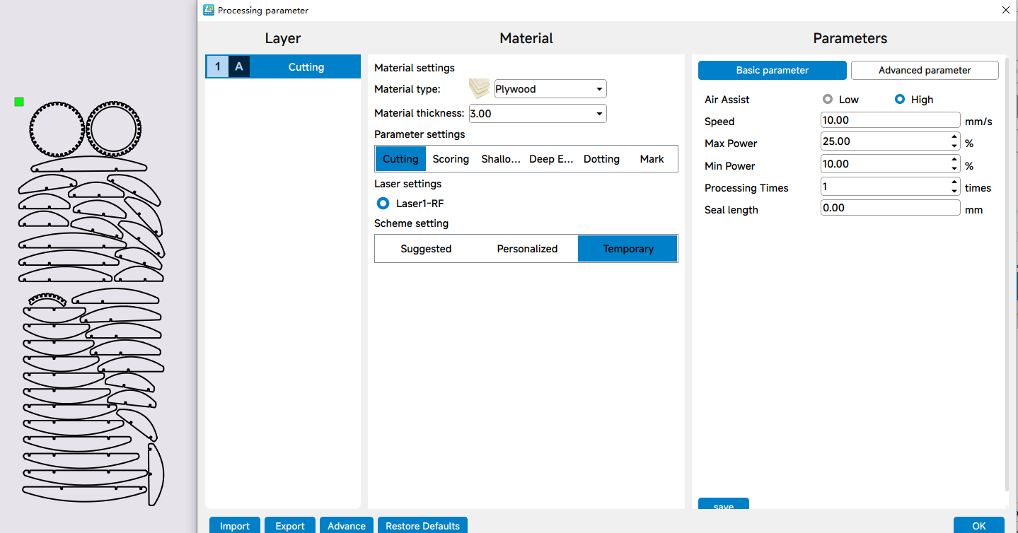 Parameters for laser cutting a tea light holder