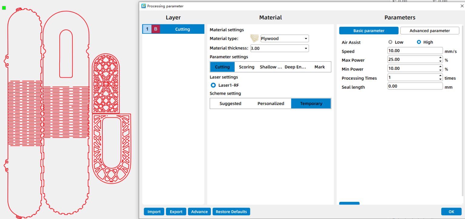 Parameters for laser cutting a tissue box