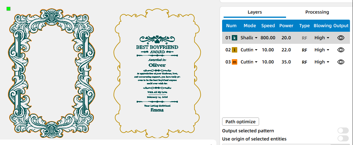 Parameters for laser engraving and cutting a best botfriend certificate for valentine's day