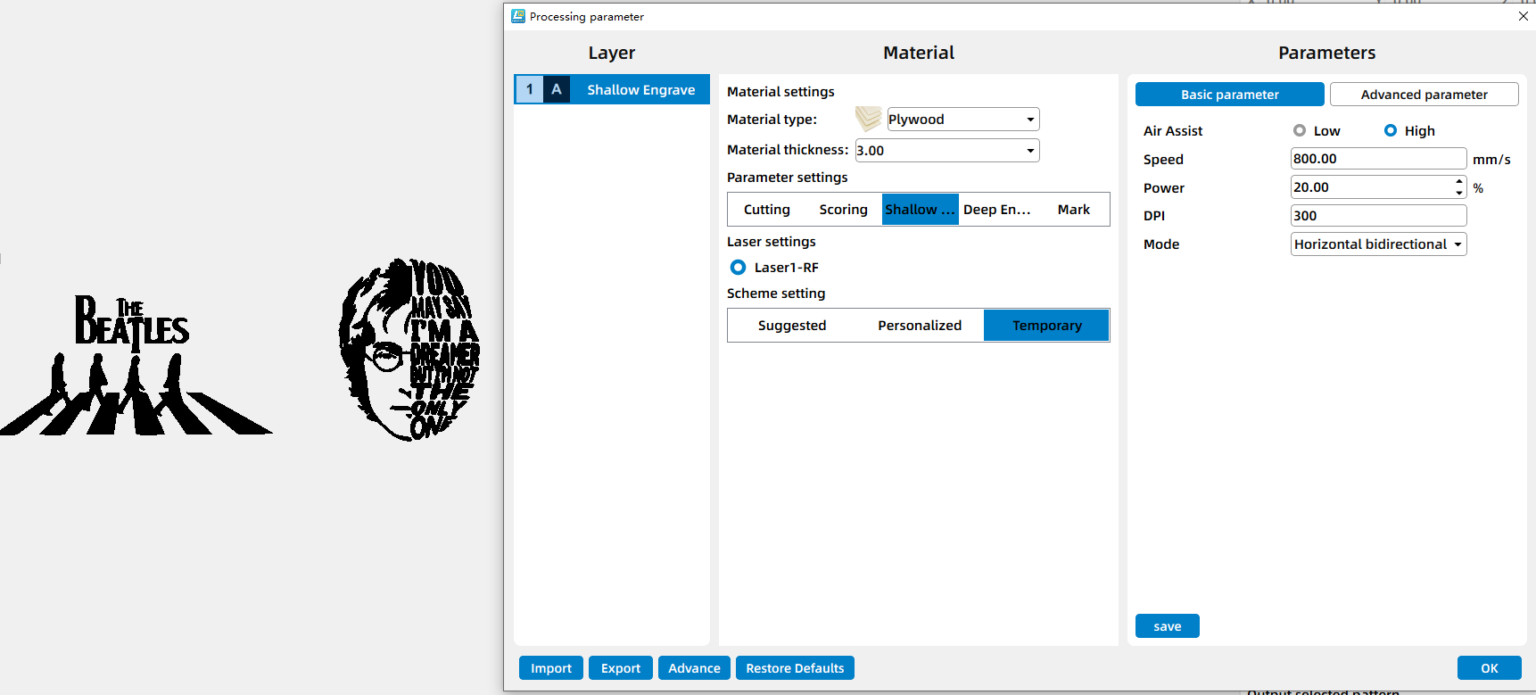 Parameters for laser engraving custom guitar picks