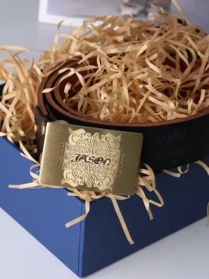 A well laser marked brass belt buckle, perfect for gift