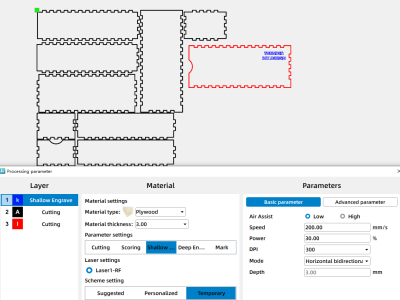 Parameters for laser cutting a glasses case