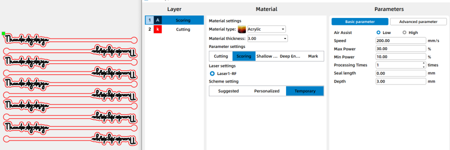 parameters for laser cutting an acrylic stirring rod